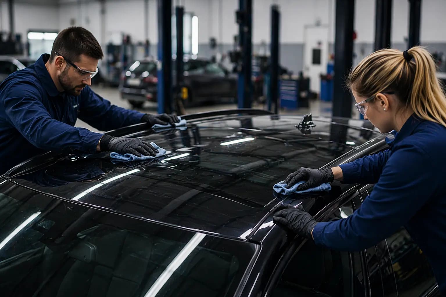 Zamjena panorama krovnog stakla – majstori u radionici pripremaju panorama krov automobila